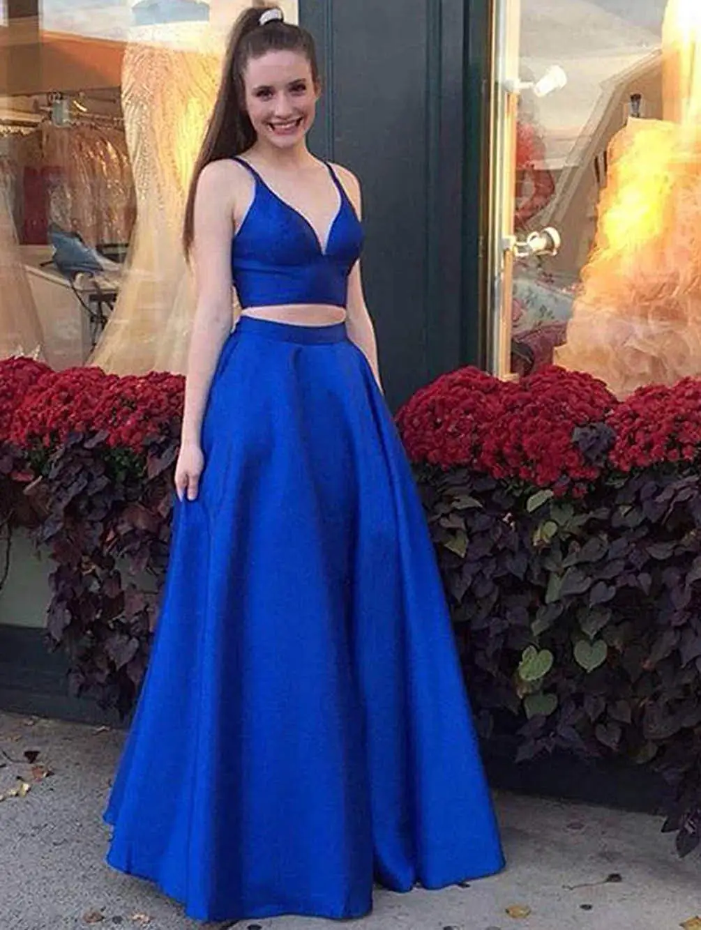

Women's 2020 Two Piece Prom Dresses Long V Neck Satin Formal Party Dress vestidos de fiesta robe